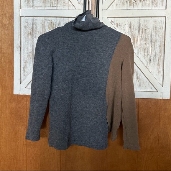 100% Wool Akris Punto Mock Neck Tan Gray Tunic Turtleneck Asymmetrical Sweater - Picture 6 of 6